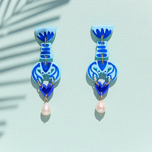 Blue Lobster Heart Earrings