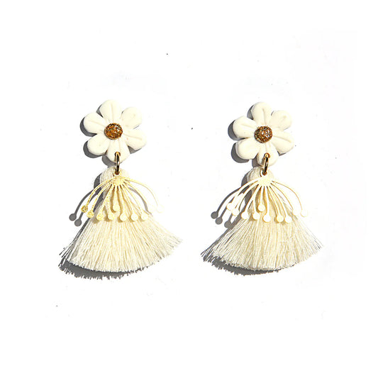 White Flower Tassel Earrings