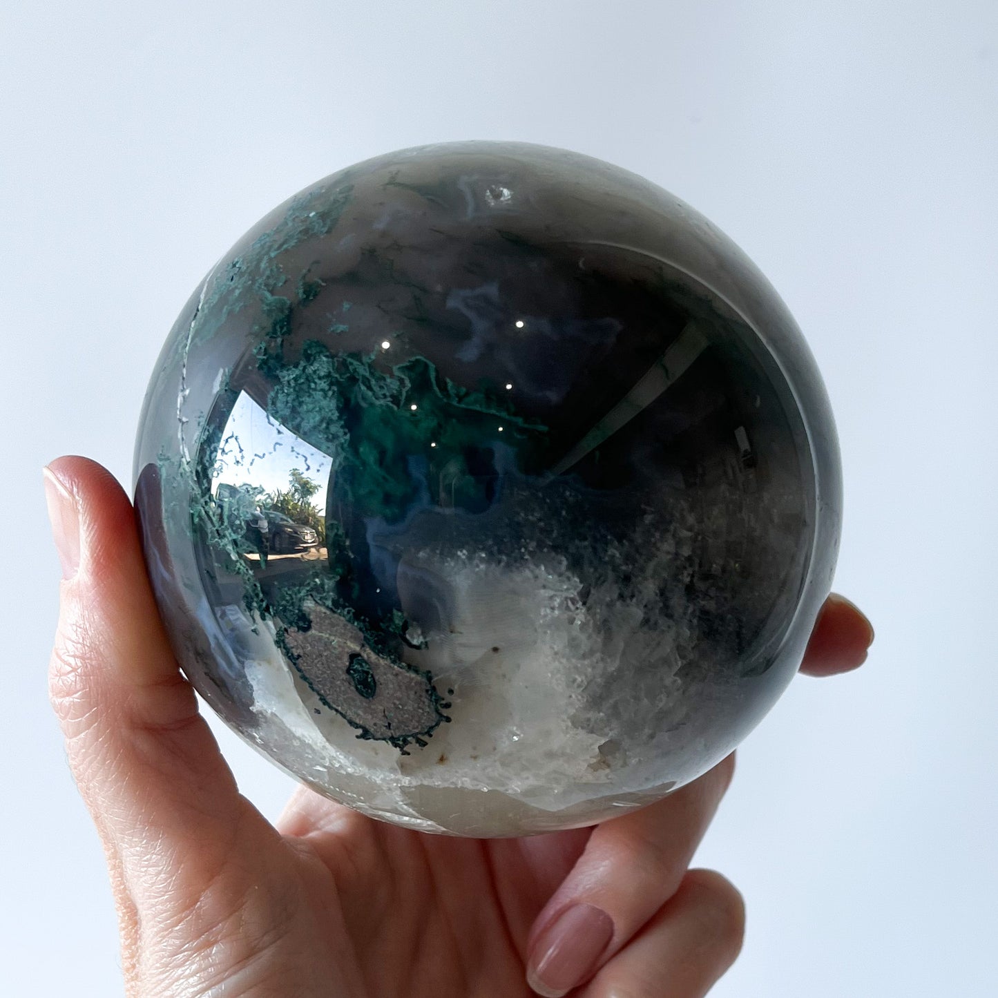 Moss Agate Sphere with Optical Calcite / 1.27kg