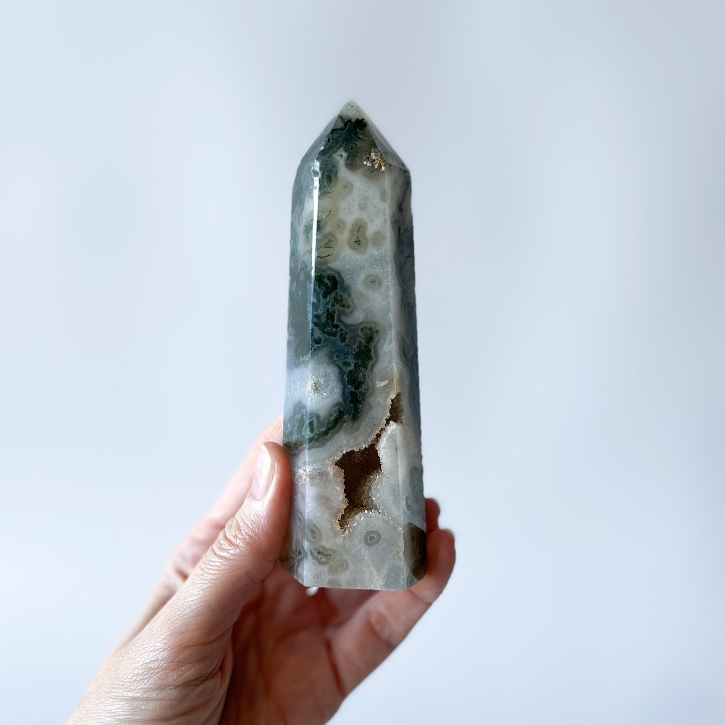 Moss Agate Point with Druzy / 233g