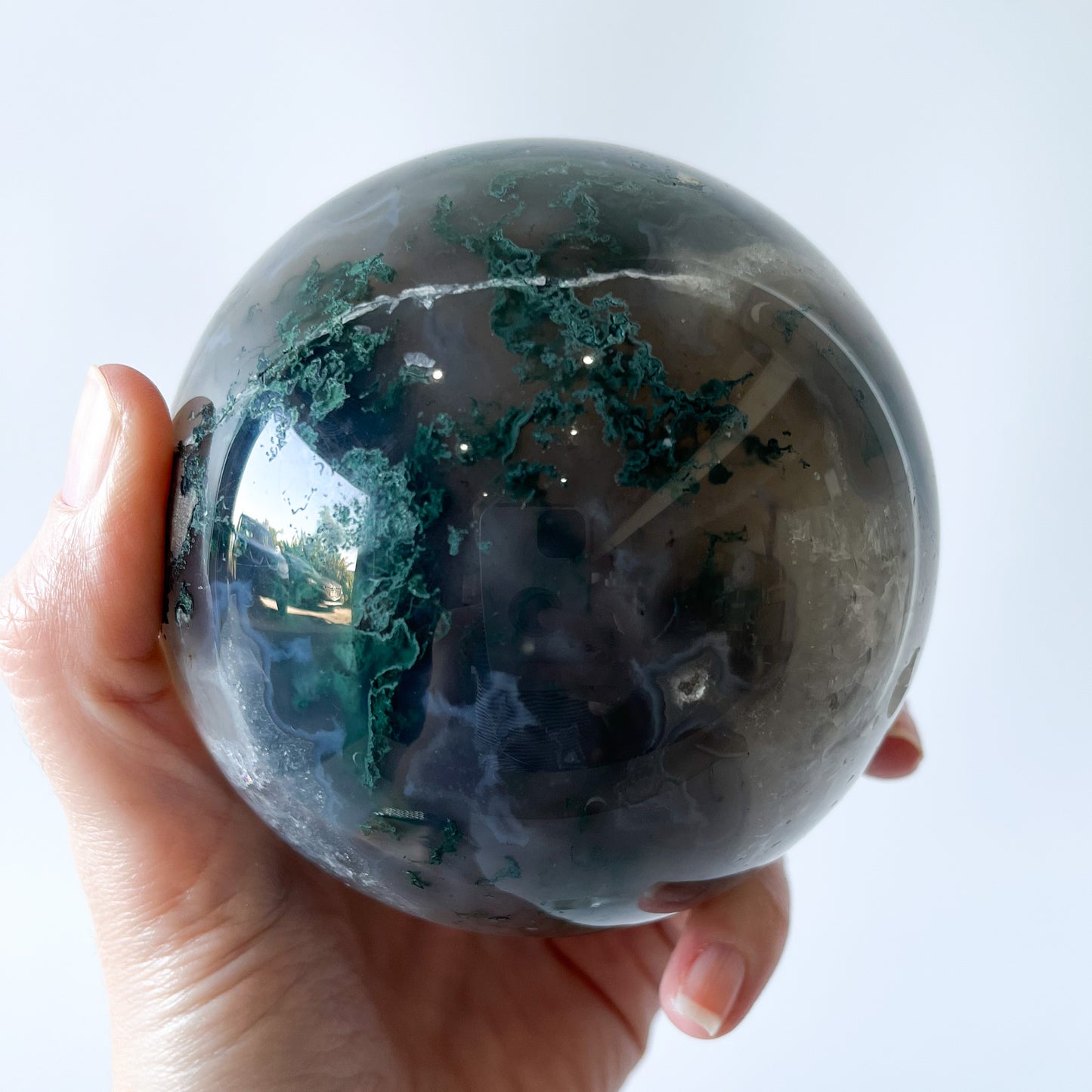 Moss Agate Sphere with Optical Calcite / 1.27kg